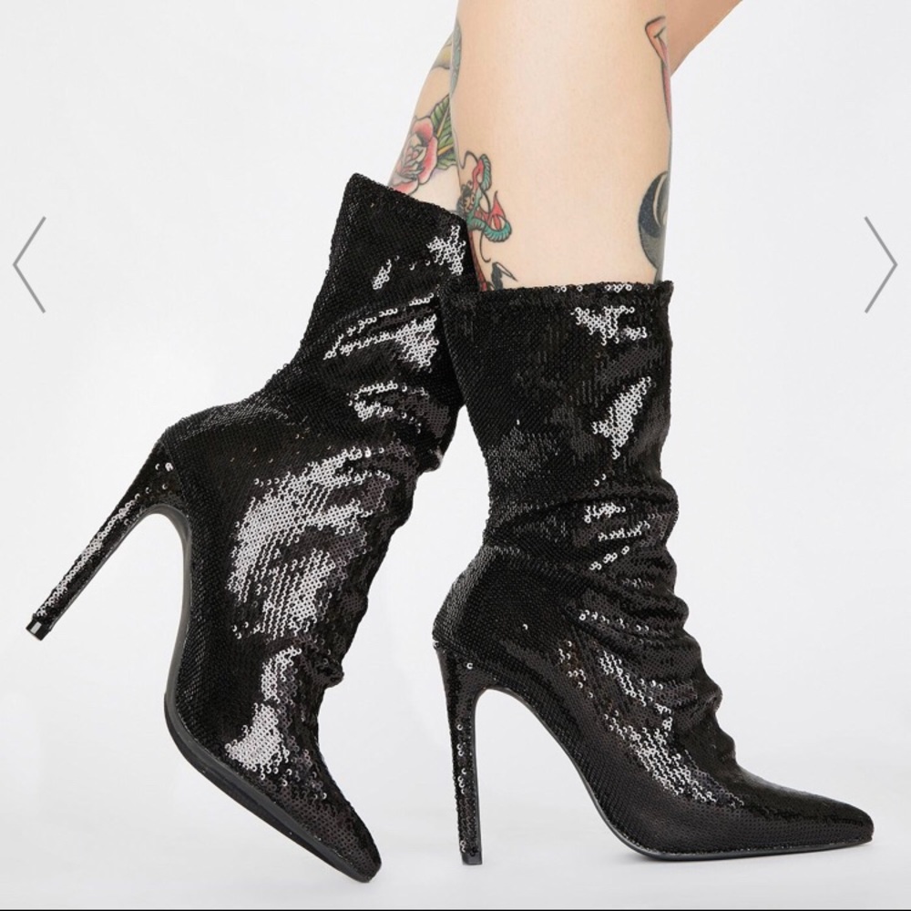 Dolls Kill So Me Rylie sequin pointy stiletto booties